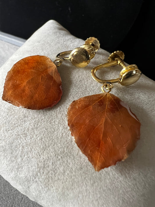 These earrings feature a natural leaf preserved in resin, elegantly paired with a gold fill screw back for a secure, non-pierced fit. This design offers a distinctive, nature-inspired accessory that combines organic beauty with expert craftsmanship.