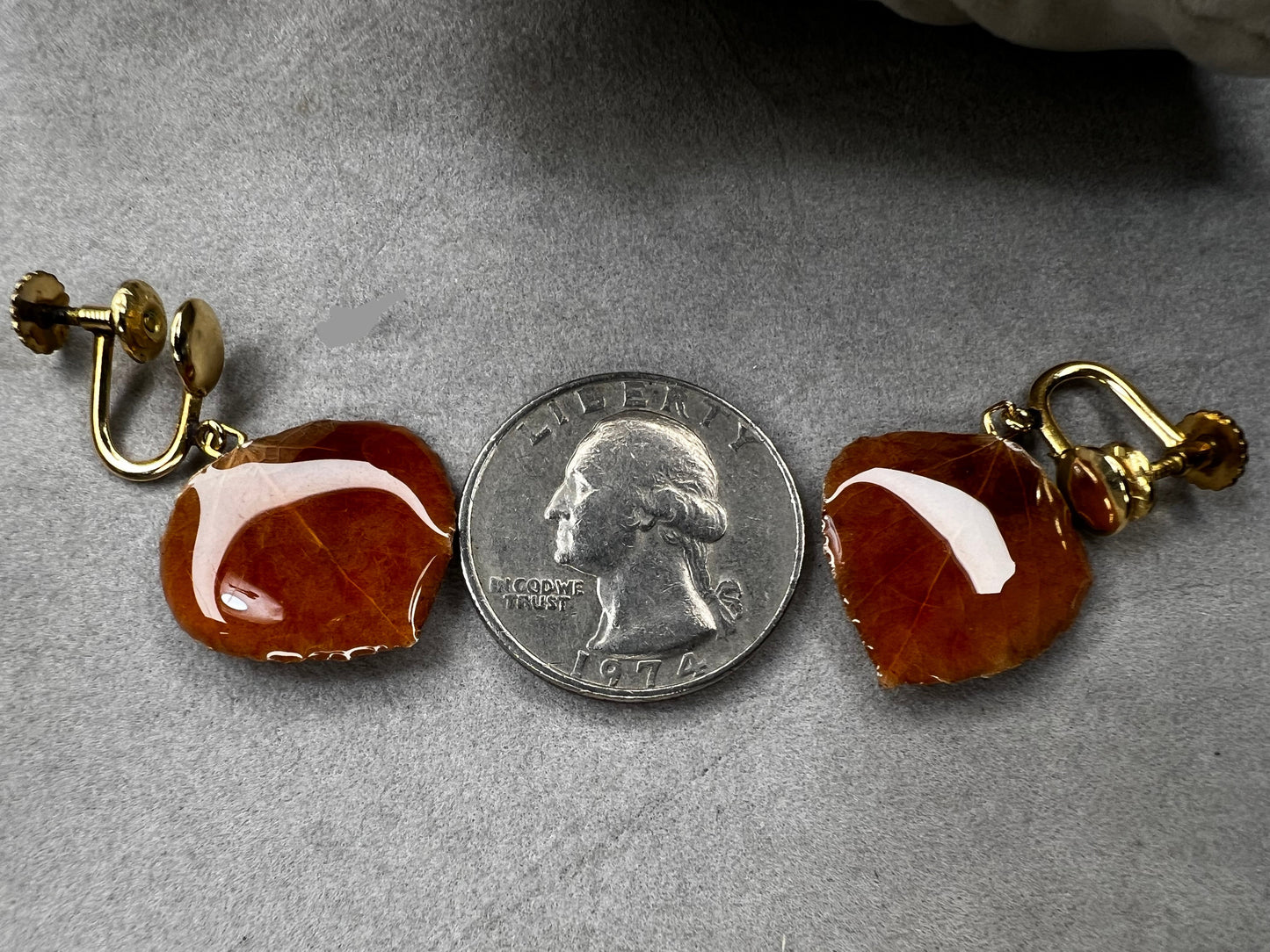 These earrings feature a natural leaf preserved in resin, elegantly paired with a gold fill screw back for a secure, non-pierced fit. This design offers a distinctive, nature-inspired accessory that combines organic beauty with expert craftsmanship.