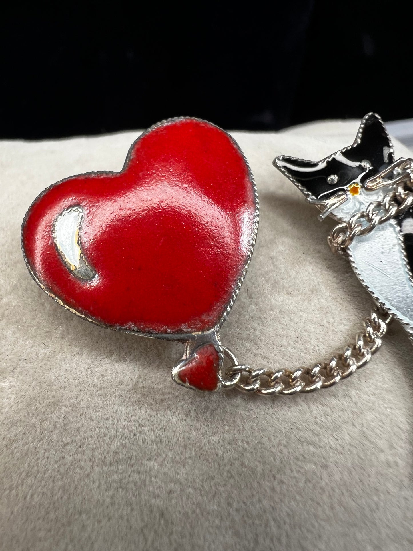 Vintage enamel over sterling silver cat w/ a balloon brooch / pin