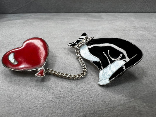 Vintage enamel over sterling silver cat w/ a balloon brooch / pin