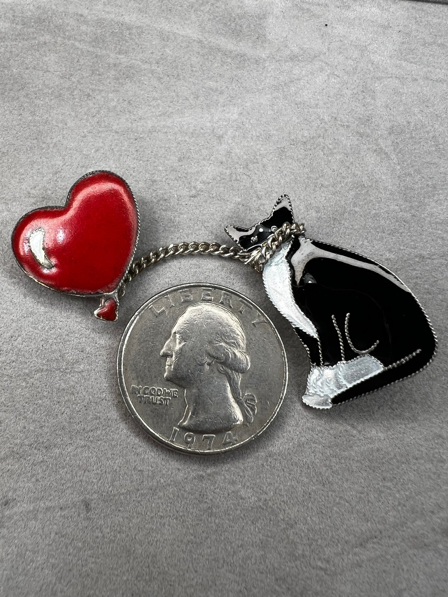 Vintage enamel over sterling silver cat w/ a balloon brooch / pin