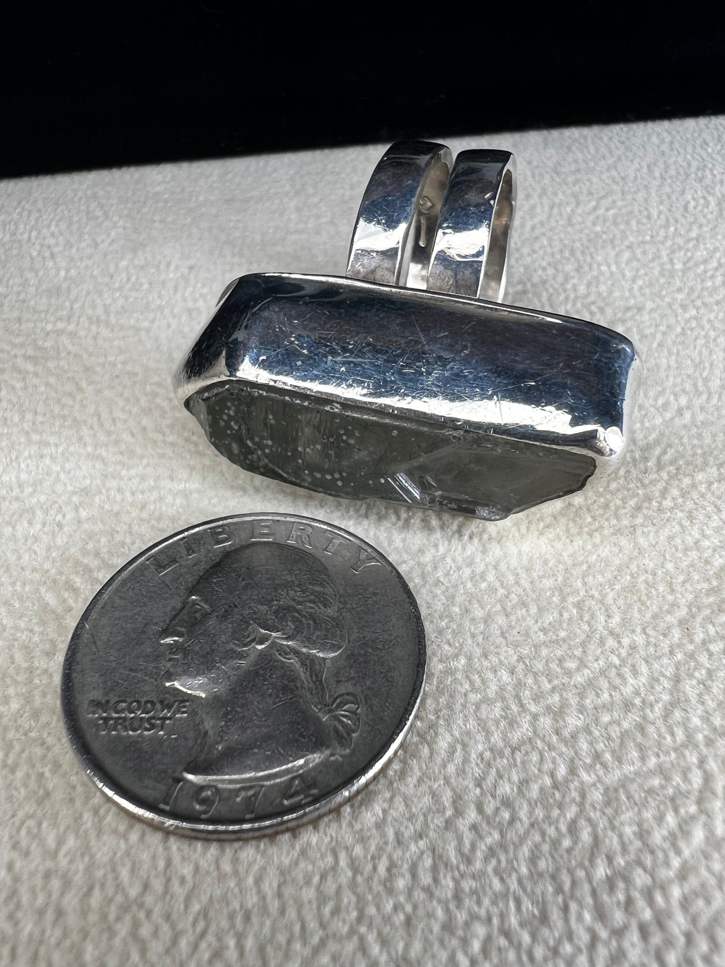 This Loving Anvil ring combines fine sterling silver with a stunning large Herkimer diamond, carefully designed to shine with natural brilliance. The double band adds extra strength, ensuring the ring remains comfortable and secure.