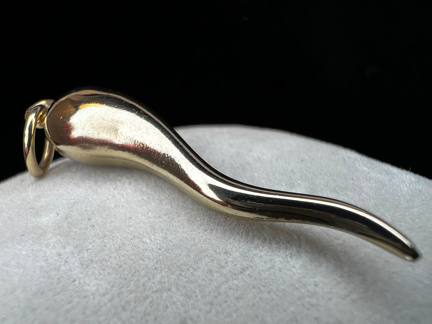 This pendant features "The Italian "Horn", which is intended to protect against evil and bad luck. Crafted from 14 karat gold, this piece is a perfect addition to your jewelry collection.
