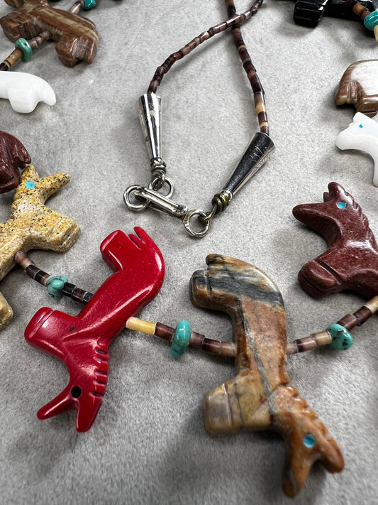 Vintage Zuni Fetish Necklace, Sterling Silver, Heishi Beads & carved Animals
