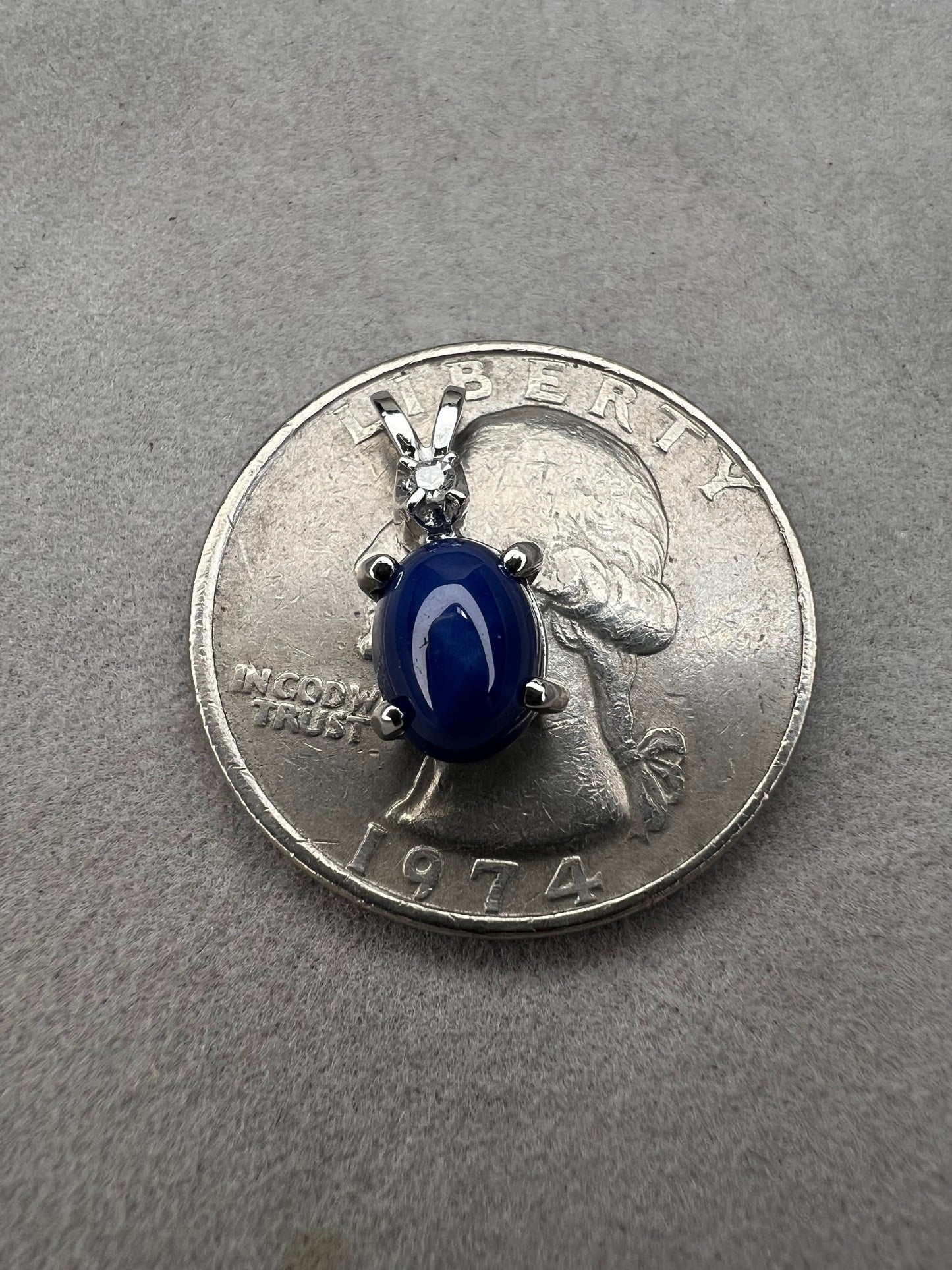 14k White Gold, Blue Sunburst Sapphire & diamond Pendant