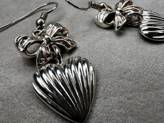 Sterling Silver 1.5in. Heart & Bow Earrings