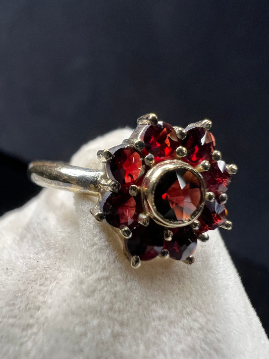 Vintage Gold Guilt .900 Silver & Garnet Cluster Ring Size 5.5