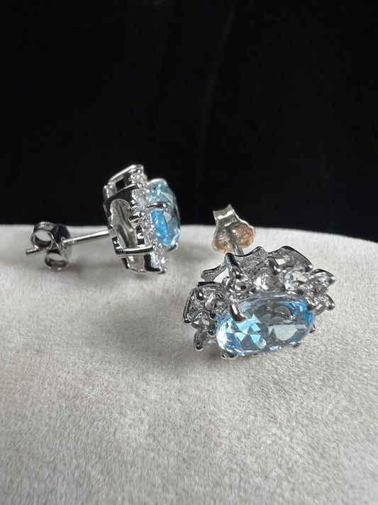 These sterling silver earrings showcase a captivating light blue lab-created topaz, elegantly framed by delicate white spinels. The combination highlights the topaz’s serene hue while adding subtle sparkle.