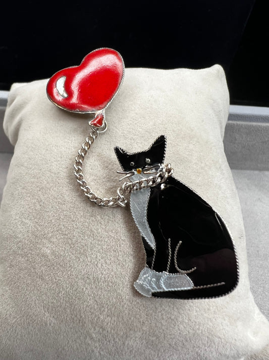 Vintage enamel over sterling silver cat w/ a balloon brooch / pin