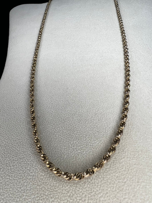 This vintage 26" gold-filled chain features a sturdy double spiral weave, measuring 3.5mm thick for lasting strength. Its elegant gold finish shines on its own while providing a reliable base for any pendant.