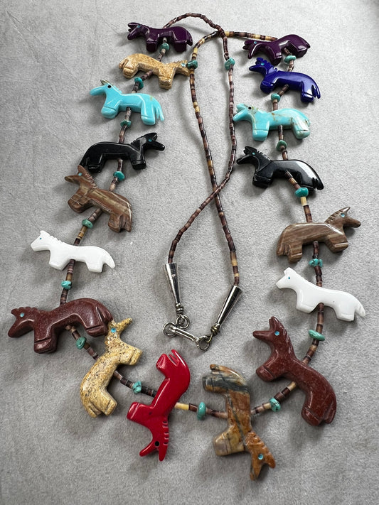 Vintage Zuni Fetish Necklace, Sterling Silver, Heishi Beads & carved Animals