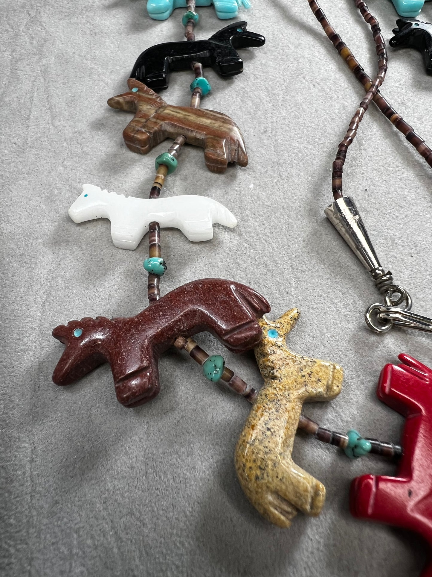 Vintage Zuni Fetish Necklace, Sterling Silver, Heishi Beads & carved Animals