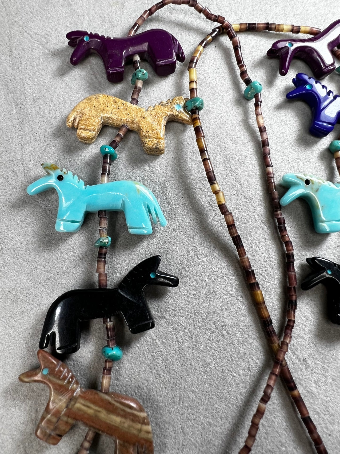 Vintage Zuni Fetish Necklace, Sterling Silver, Heishi Beads & carved Animals