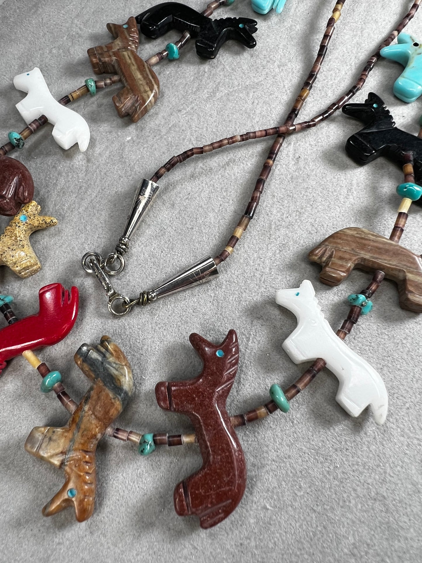 Vintage Zuni Fetish Necklace, Sterling Silver, Heishi Beads & carved Animals