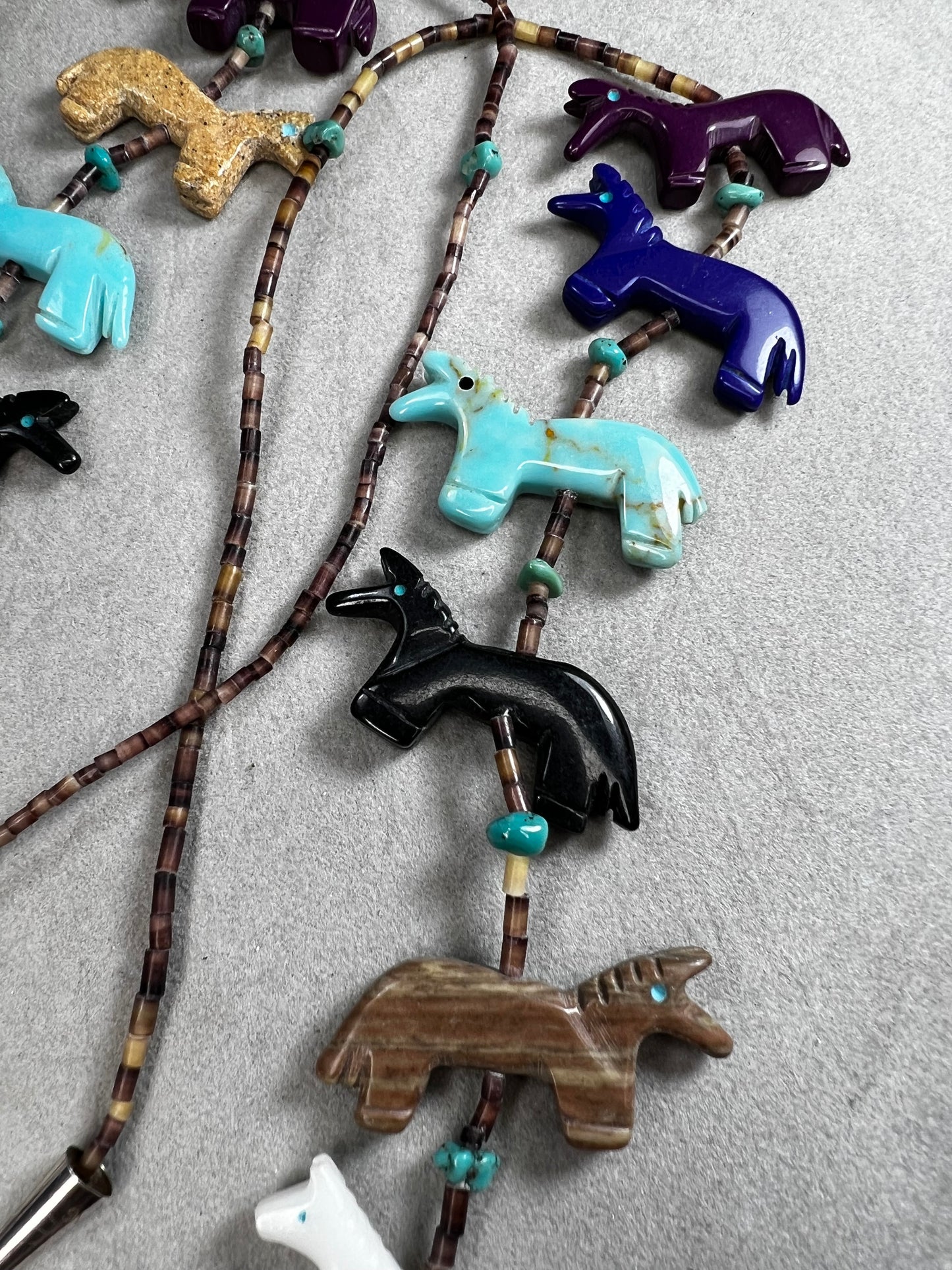 Vintage Zuni Fetish Necklace, Sterling Silver, Heishi Beads & carved Animals