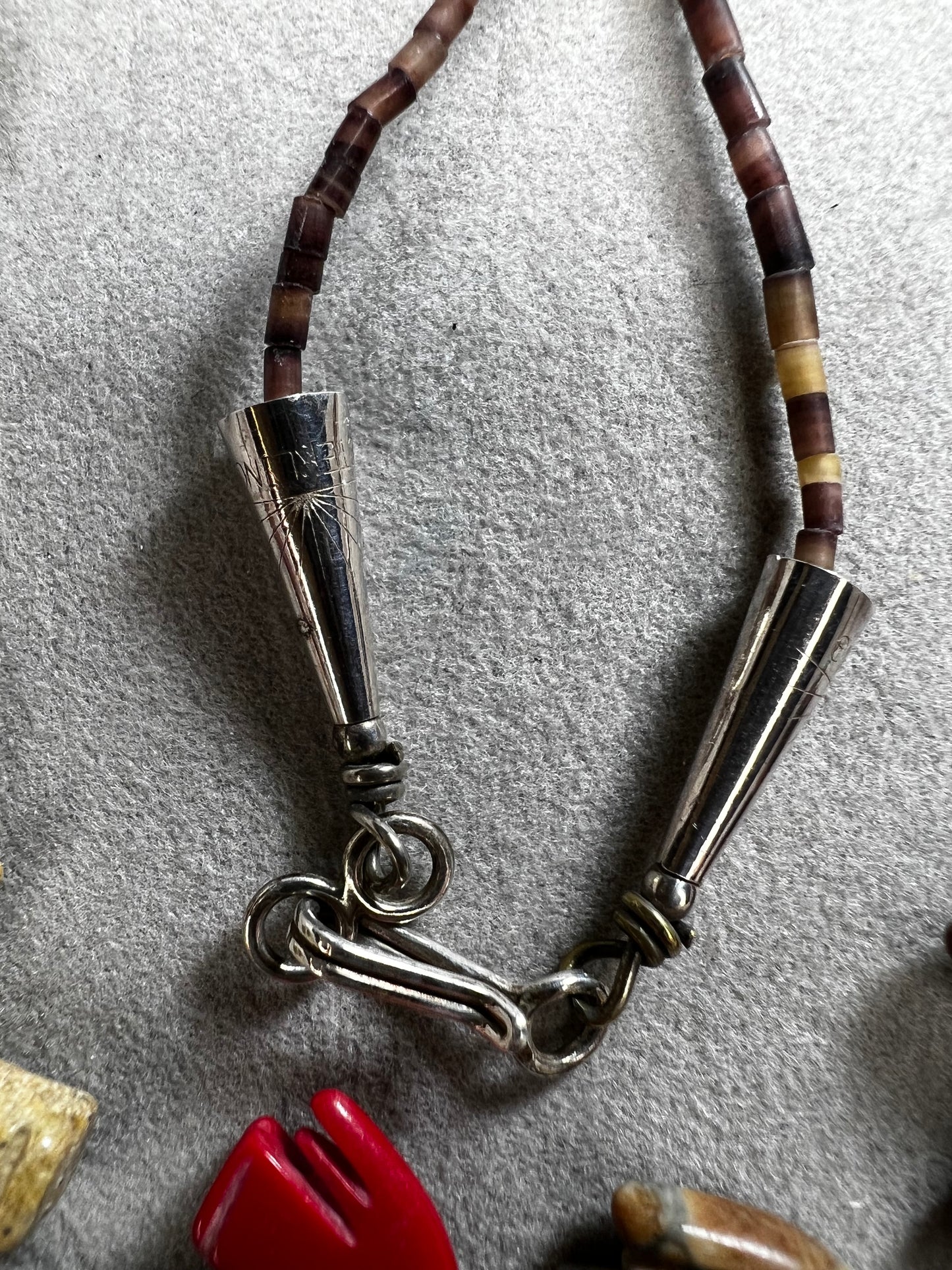 Vintage Zuni Fetish Necklace, Sterling Silver, Heishi Beads & carved Animals