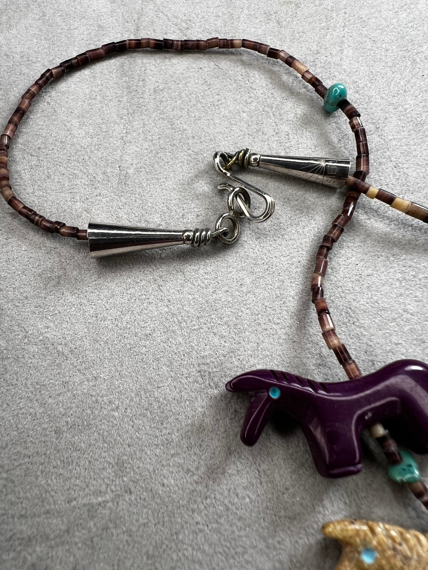 Vintage Zuni Fetish Necklace, Sterling Silver, Heishi Beads & carved Animals