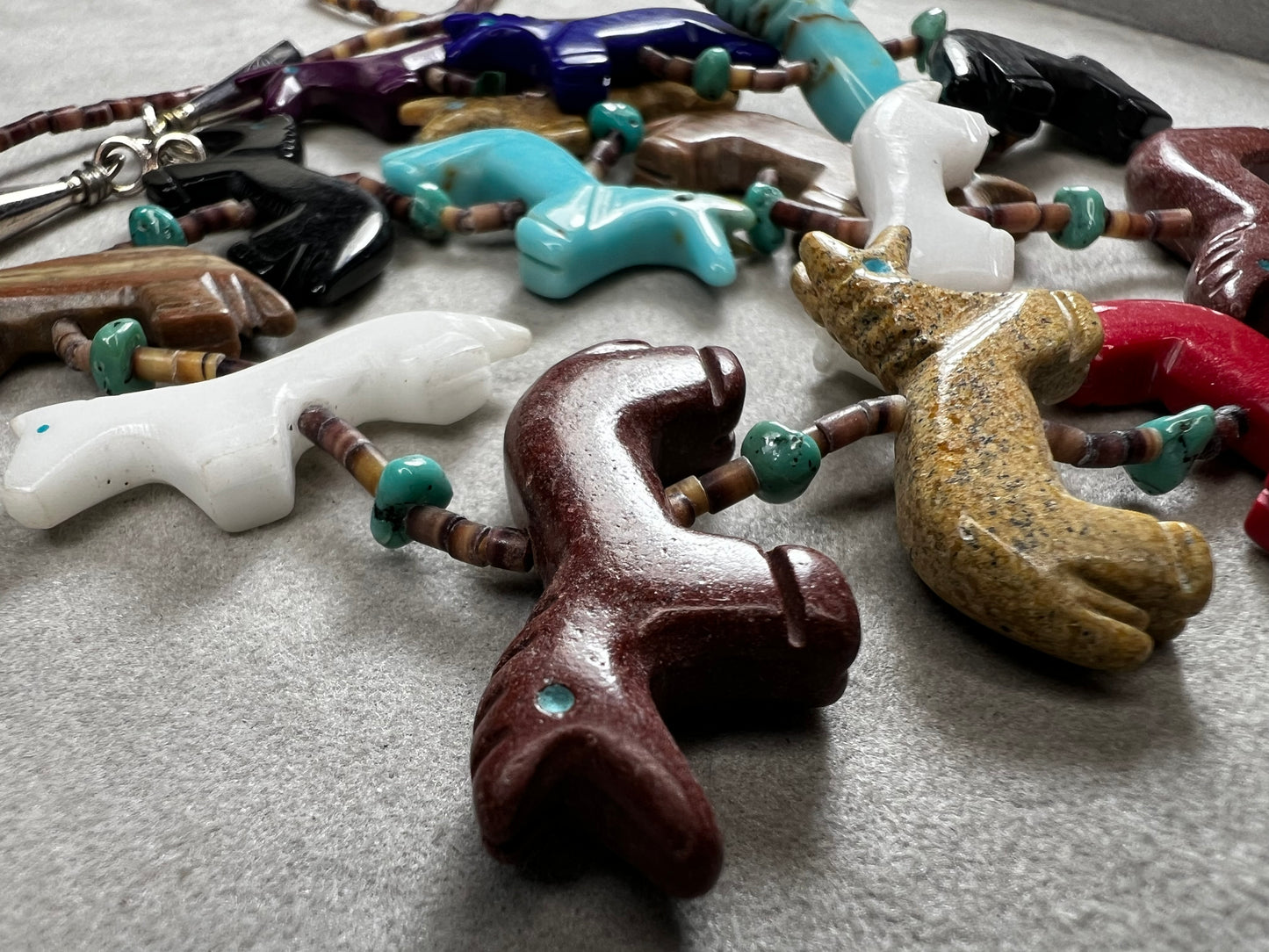 Vintage Zuni Fetish Necklace, Sterling Silver, Heishi Beads & carved Animals