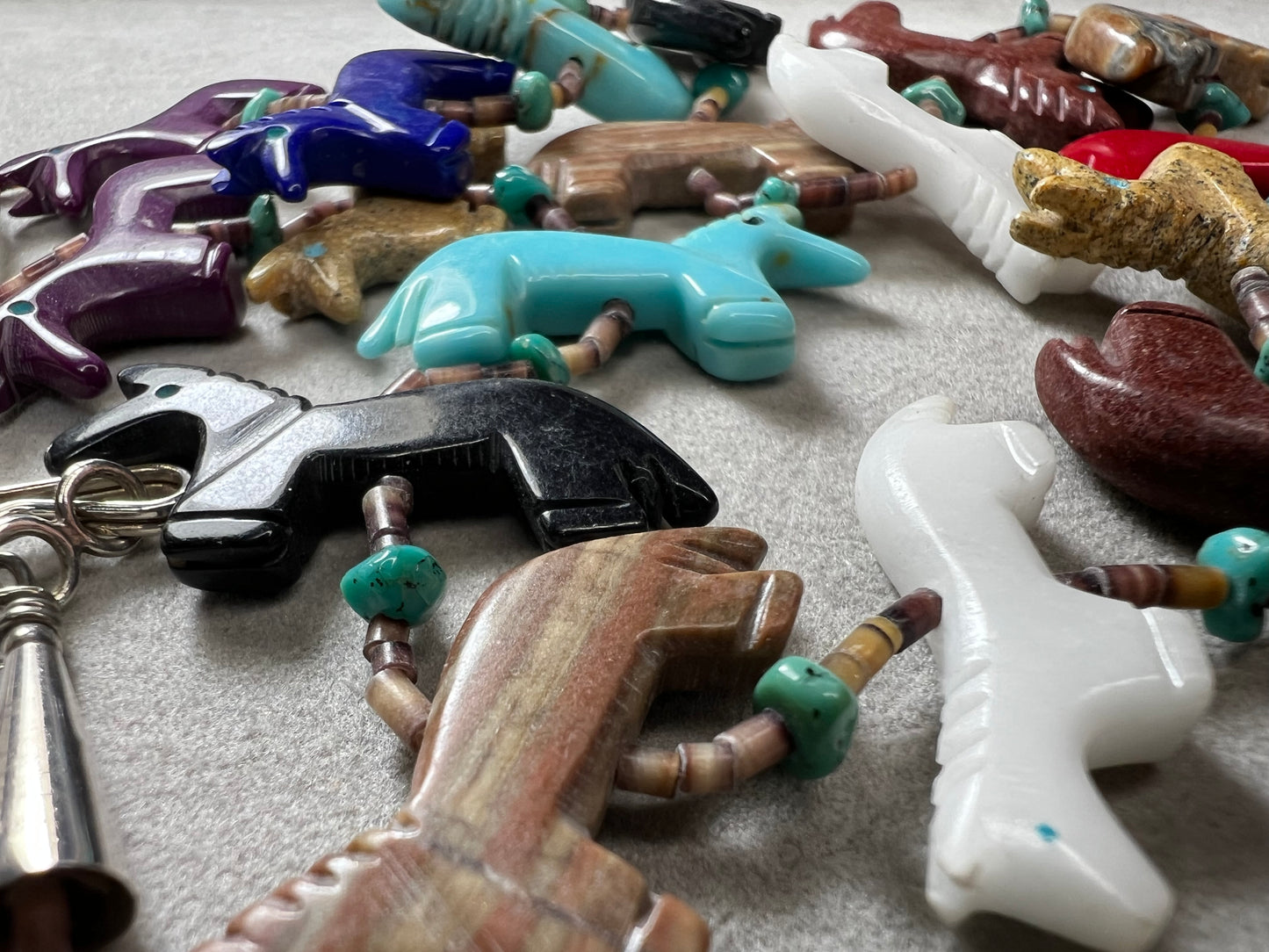 Vintage Zuni Fetish Necklace, Sterling Silver, Heishi Beads & carved Animals