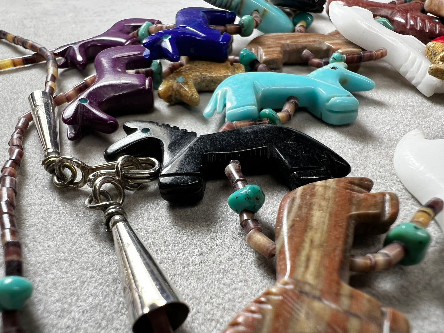 Vintage Zuni Fetish Necklace, Sterling Silver, Heishi Beads & carved Animals