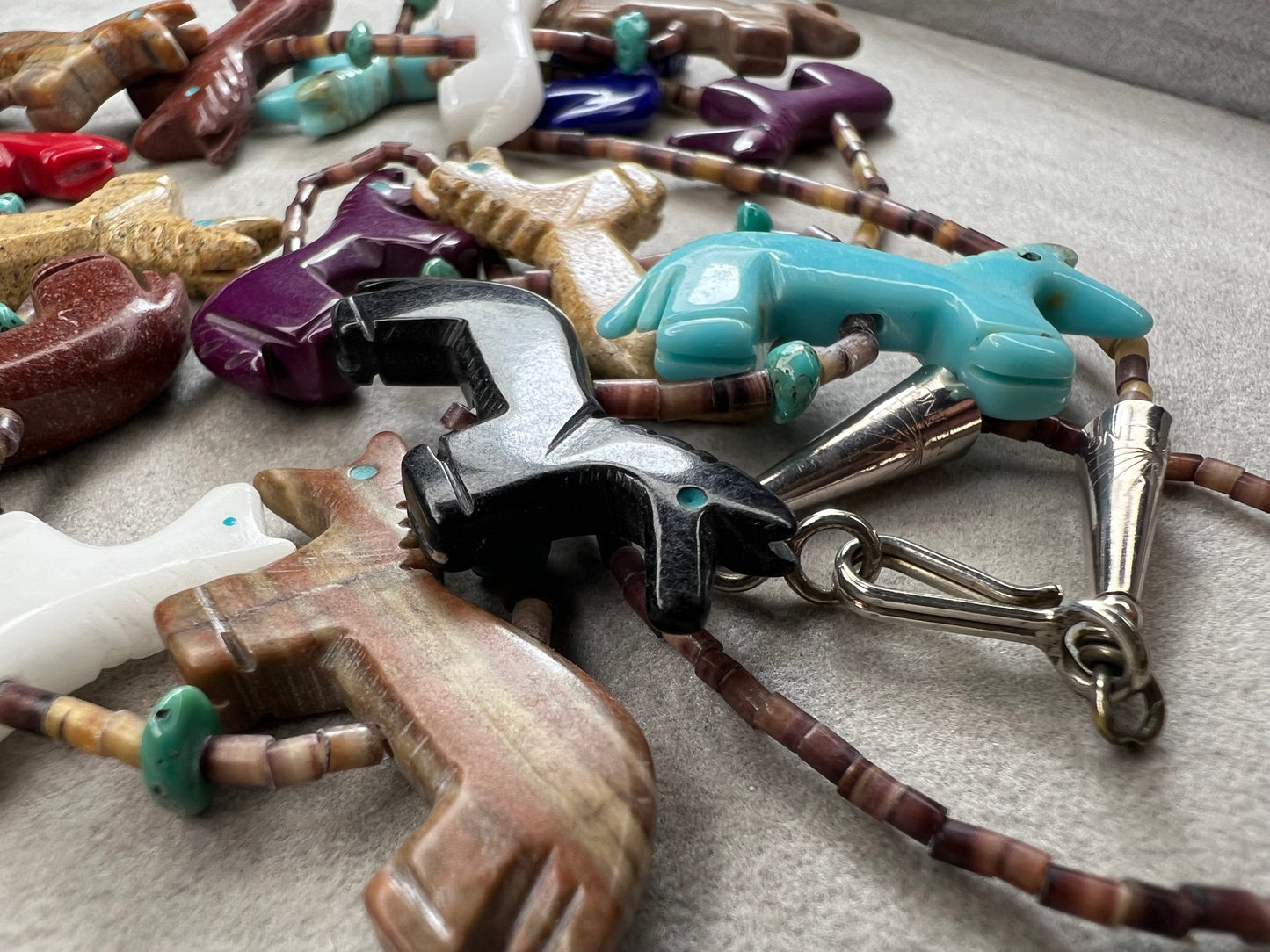 Vintage Zuni Fetish Necklace, Sterling Silver, Heishi Beads & carved Animals