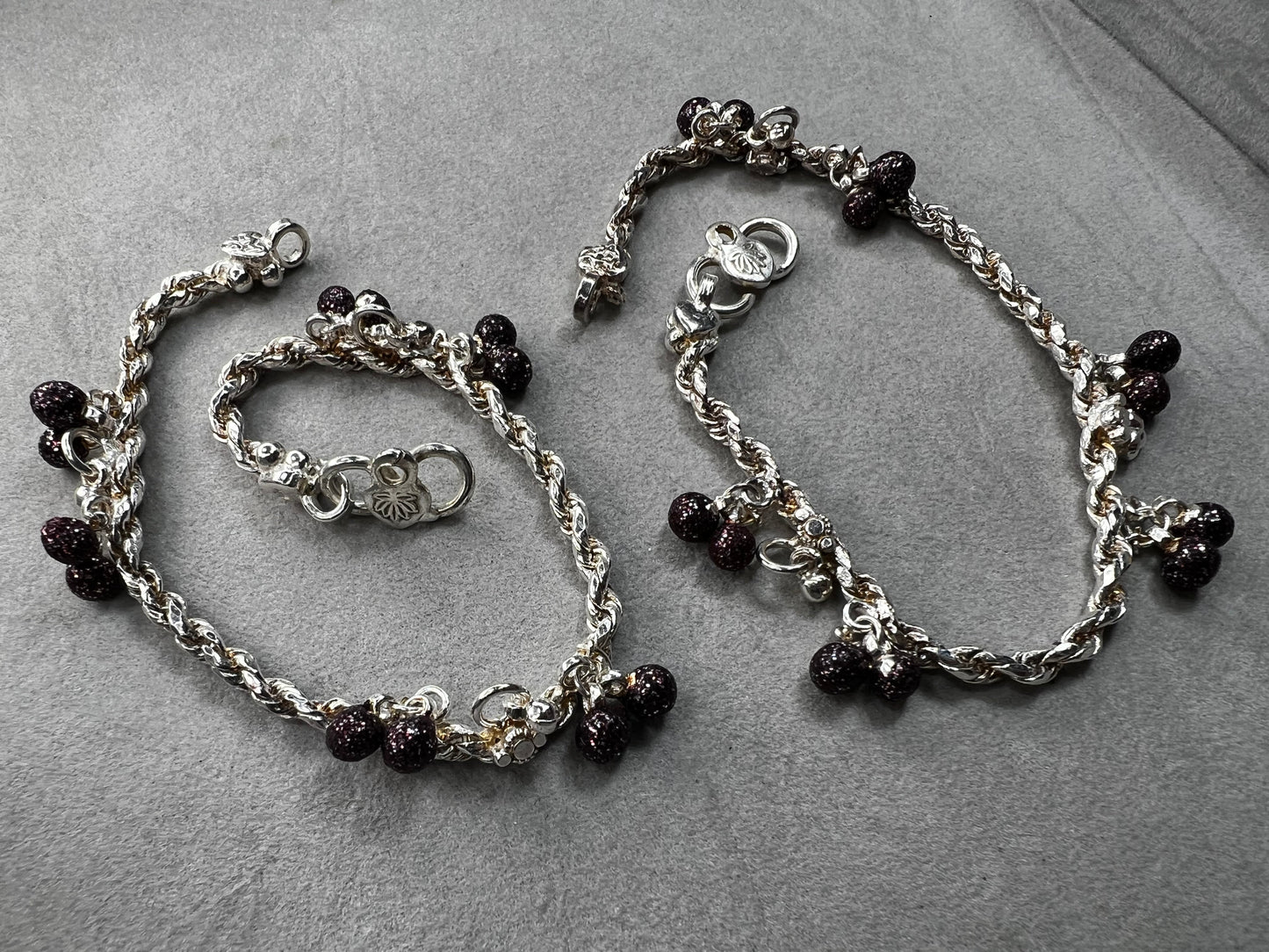Pair Of Vintage Sterling Silver & Purple Charm Belly Dance Bracelets