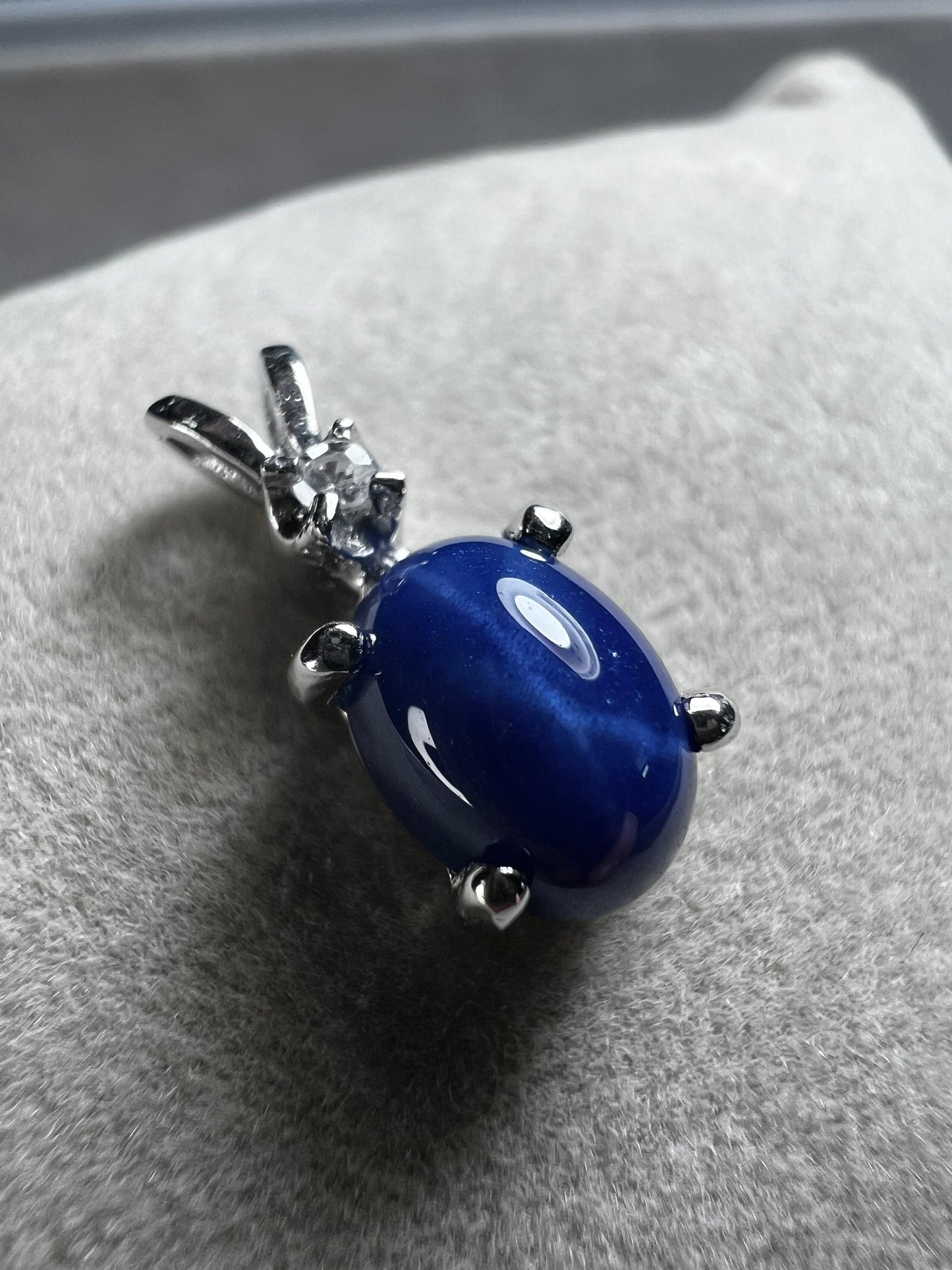 14k White Gold, Blue Sunburst Sapphire & diamond Pendant