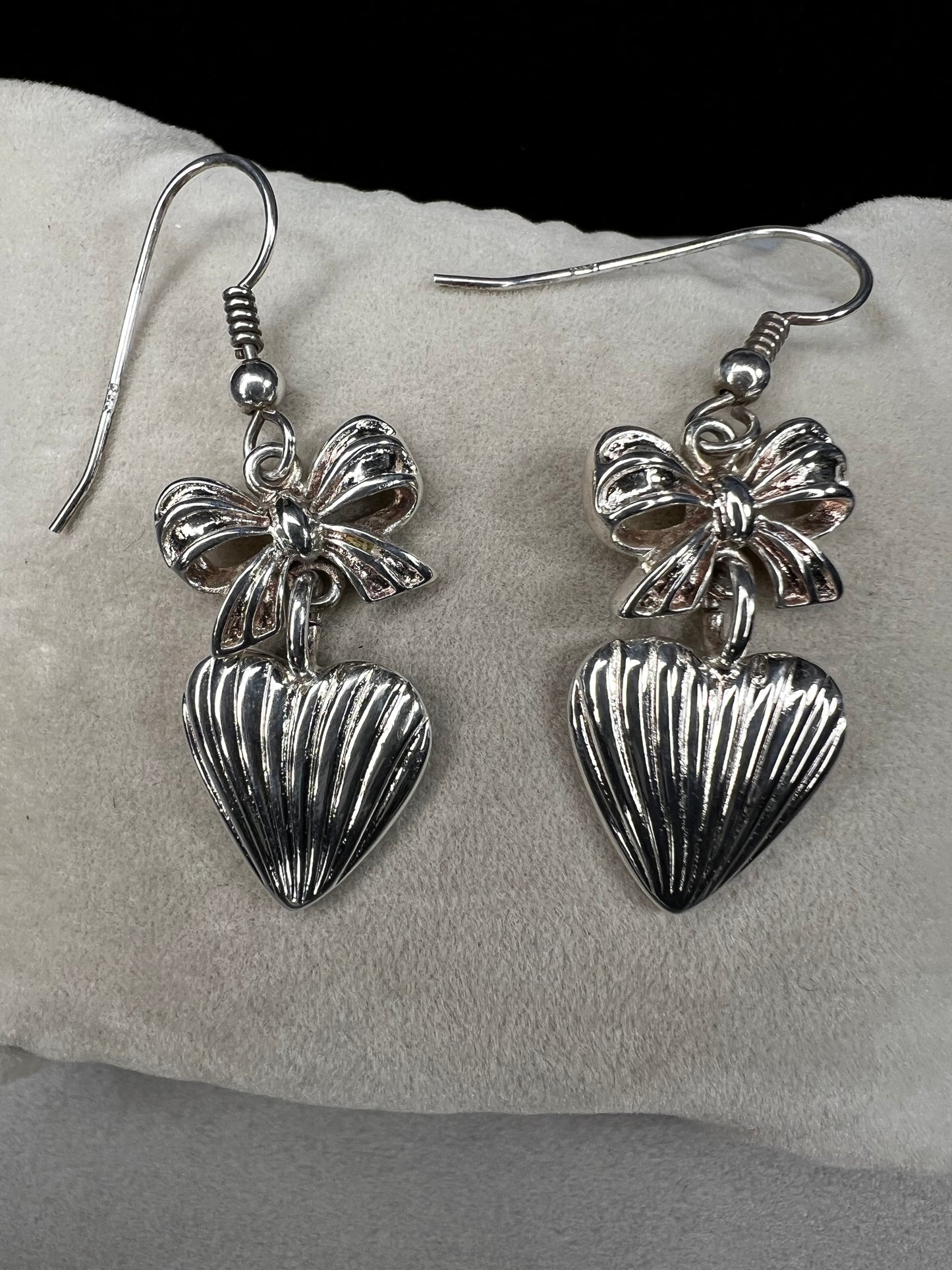 Sterling Silver 1.5in. Heart & Bow Earrings