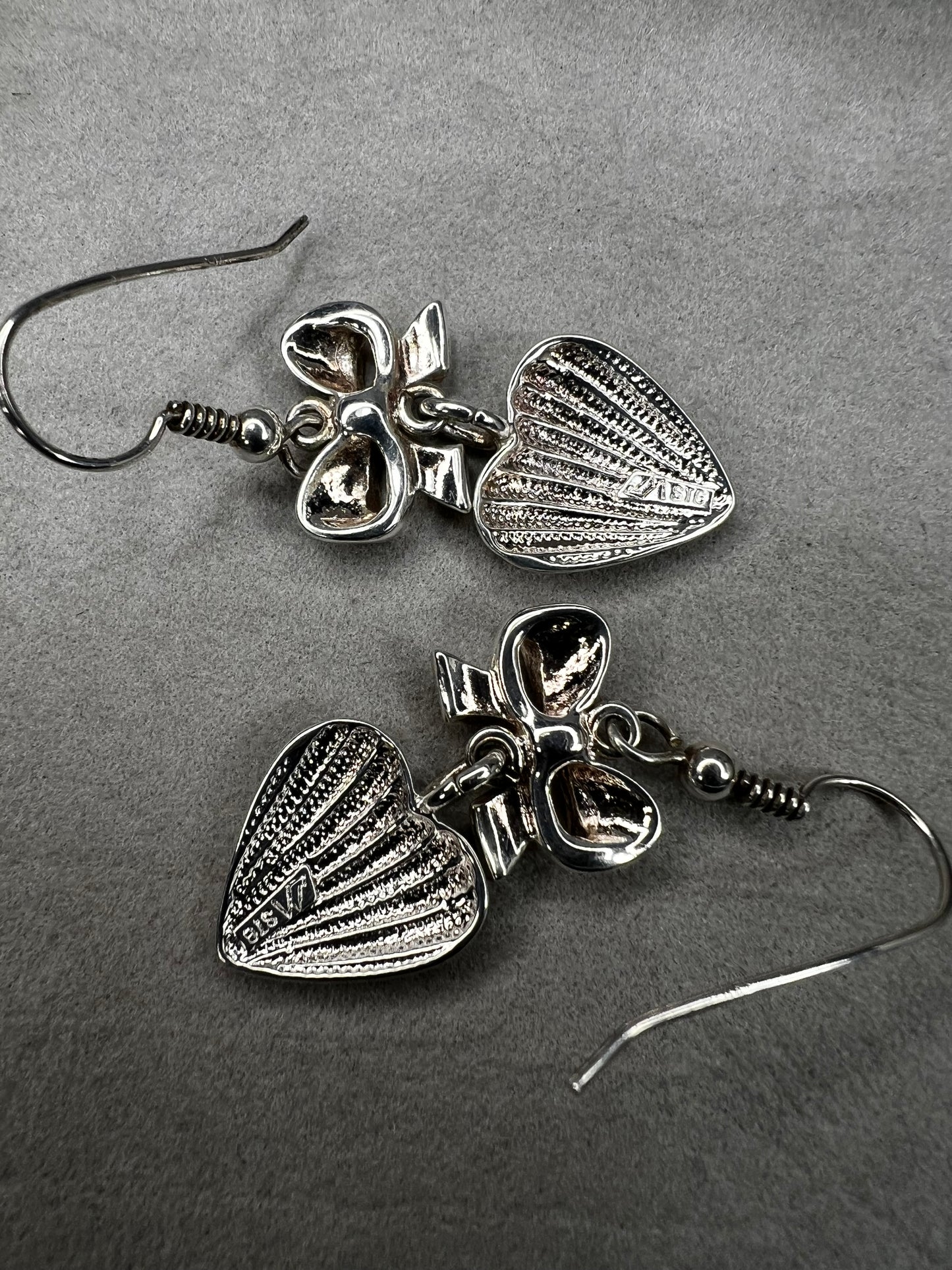 Sterling Silver 1.5in. Heart & Bow Earrings