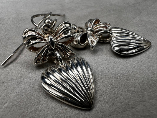 Sterling Silver 1.5in. Heart & Bow Earrings