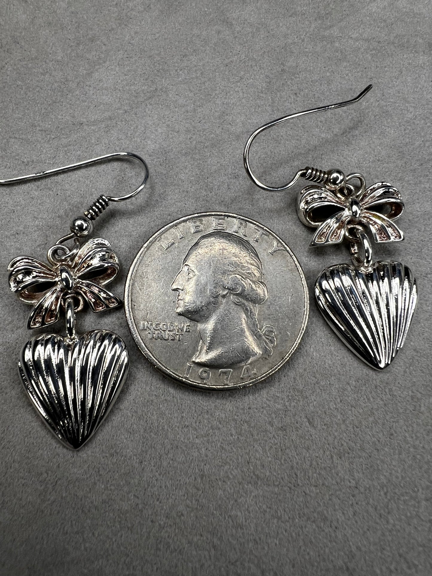 Sterling Silver 1.5in. Heart & Bow Earrings