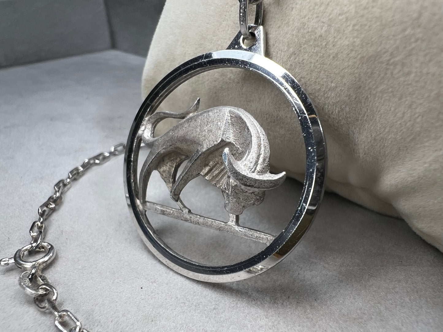 Vintage Sterling Silver Chain & German Sterling Silver Taurus Bull Zodiac Pendant