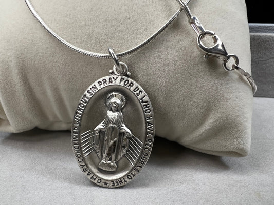 Vintage Sterling Silver Chain & Virgin Mary Pendant by Chapel