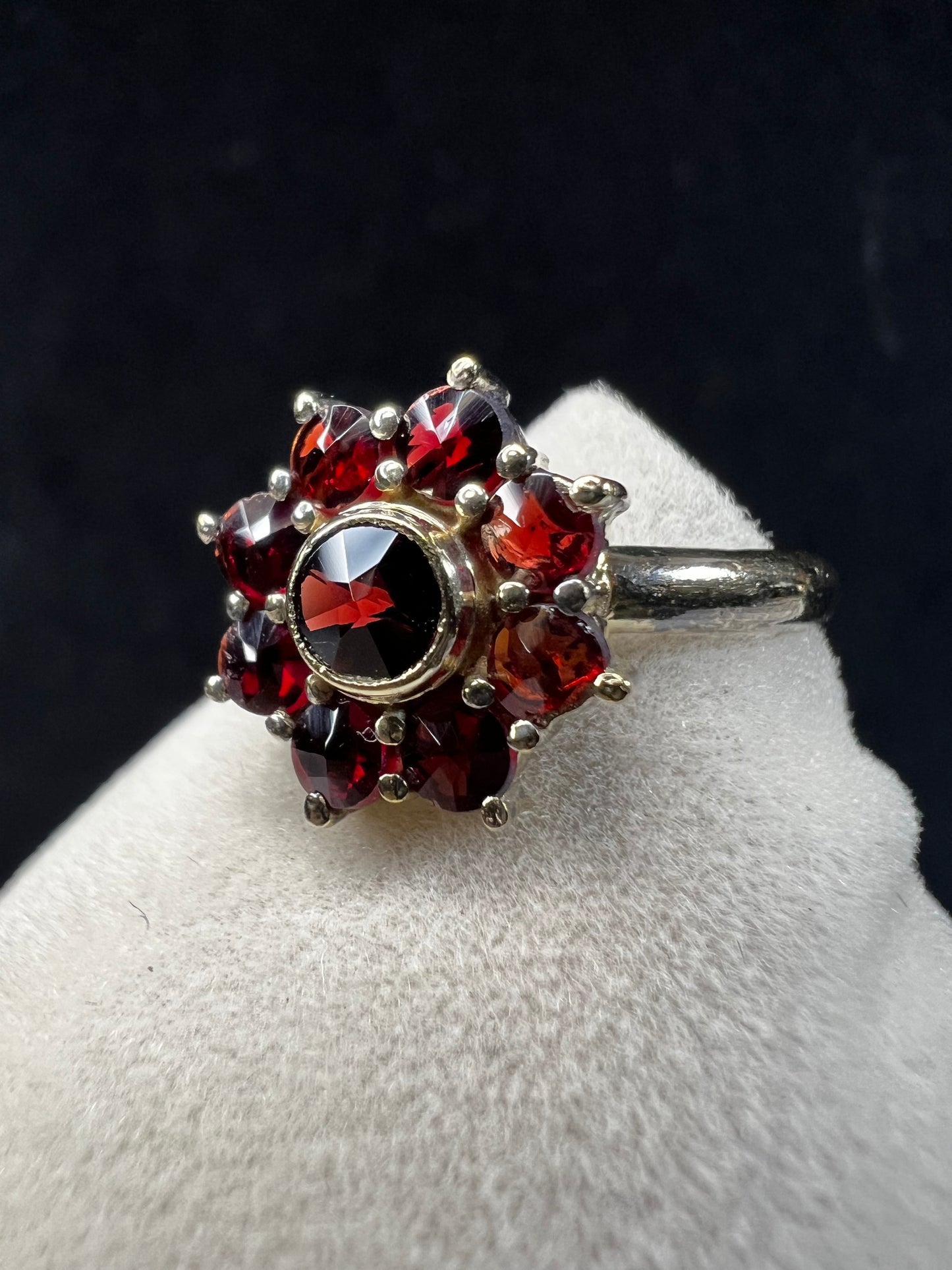 Vintage Gold Guilt .900 Silver & Garnet Cluster Ring Size 5.5