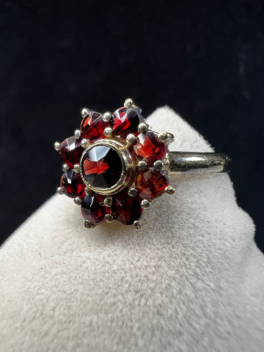 Vintage Gold Guilt .900 Silver & Garnet Cluster Ring Size 5.5