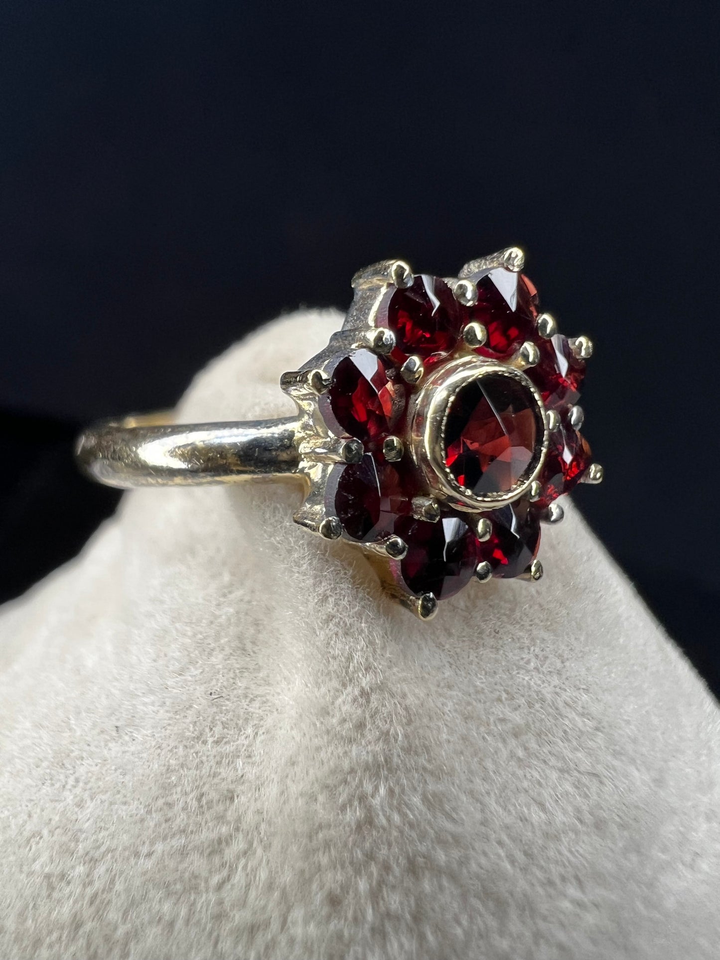 Vintage Gold Guilt .900 Silver & Garnet Cluster Ring Size 5.5
